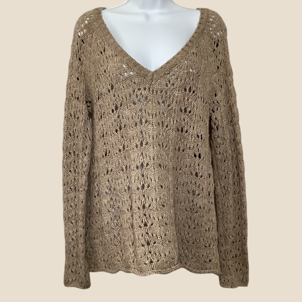 American Eagle Tan Sweater Large Wool Blend Open Knit Autumn Fall Earthy Neutral